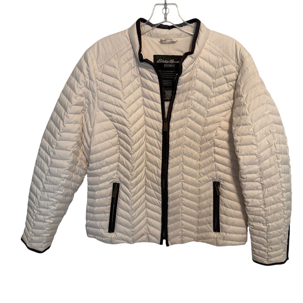Eddie Bauer Quilted Goose Down Jacket Womens Medium Cream Full Zip Puffer Coat